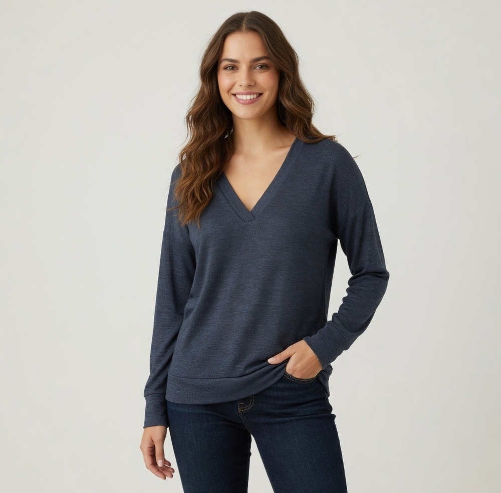 Kirkland Signature V-Neck Pullover Sweater Dark Blue Long Sleeve Women Medium VG